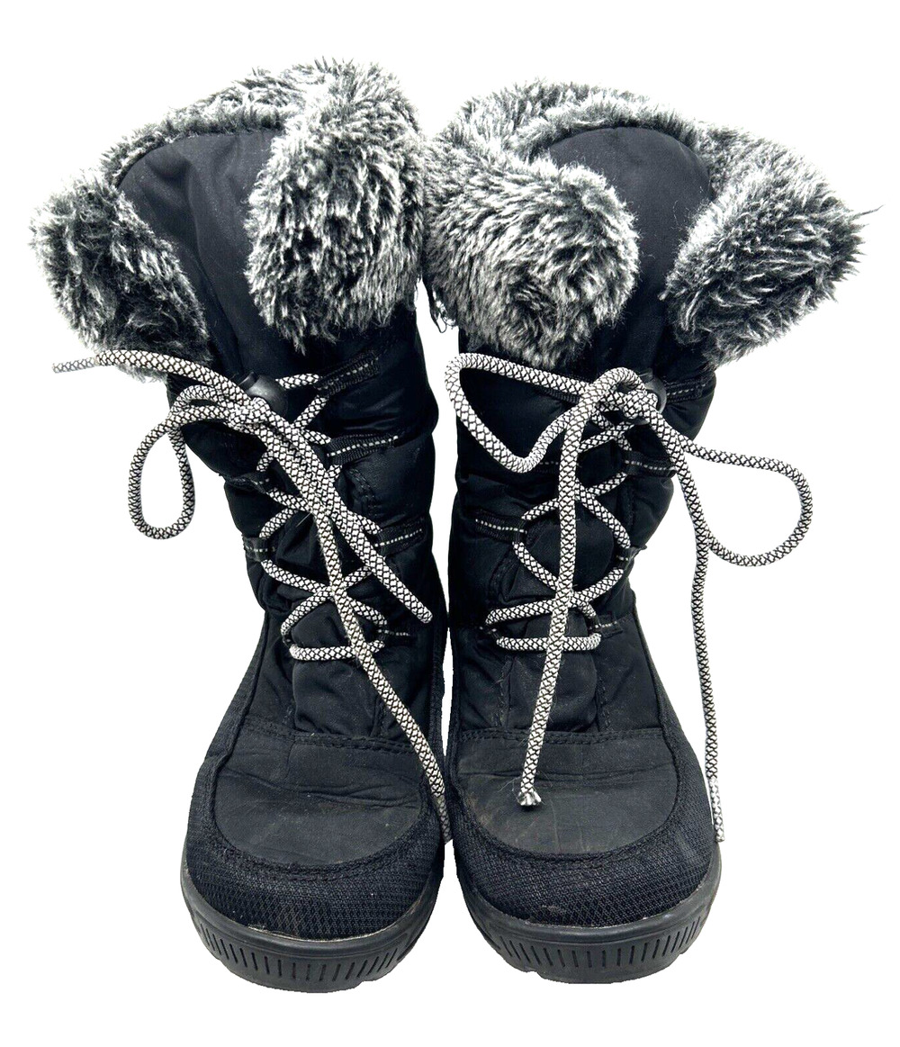 Kamik Girl's Camrose Winter Boots Size 1 Black Waterproof Lace Up Snow Faux Fur